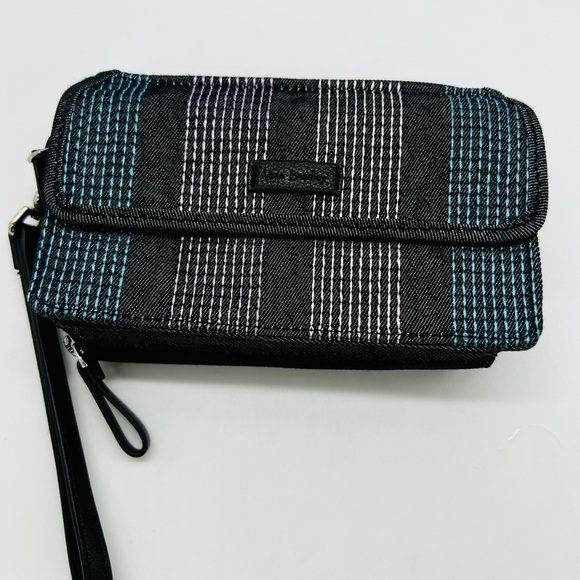 Vera Bradley Black and Teal Embroidered Striped Crossbody Wristlet NWOT - Picture 1 of 16